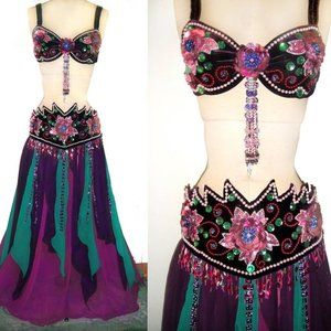 Ameynra Belly Dance Costume Purple Green multicolor Size M New
